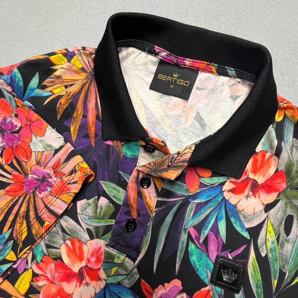 New Bertigo Floral Polo Shirt Mens M Tropical Cotton Stretch Rubber Logo Luxury